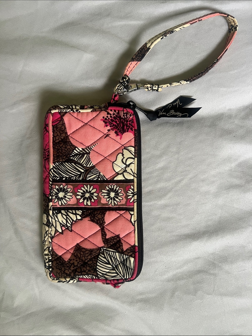 Vera Bradley Quilted Floral Wristlet in Pink, Brown & Cream